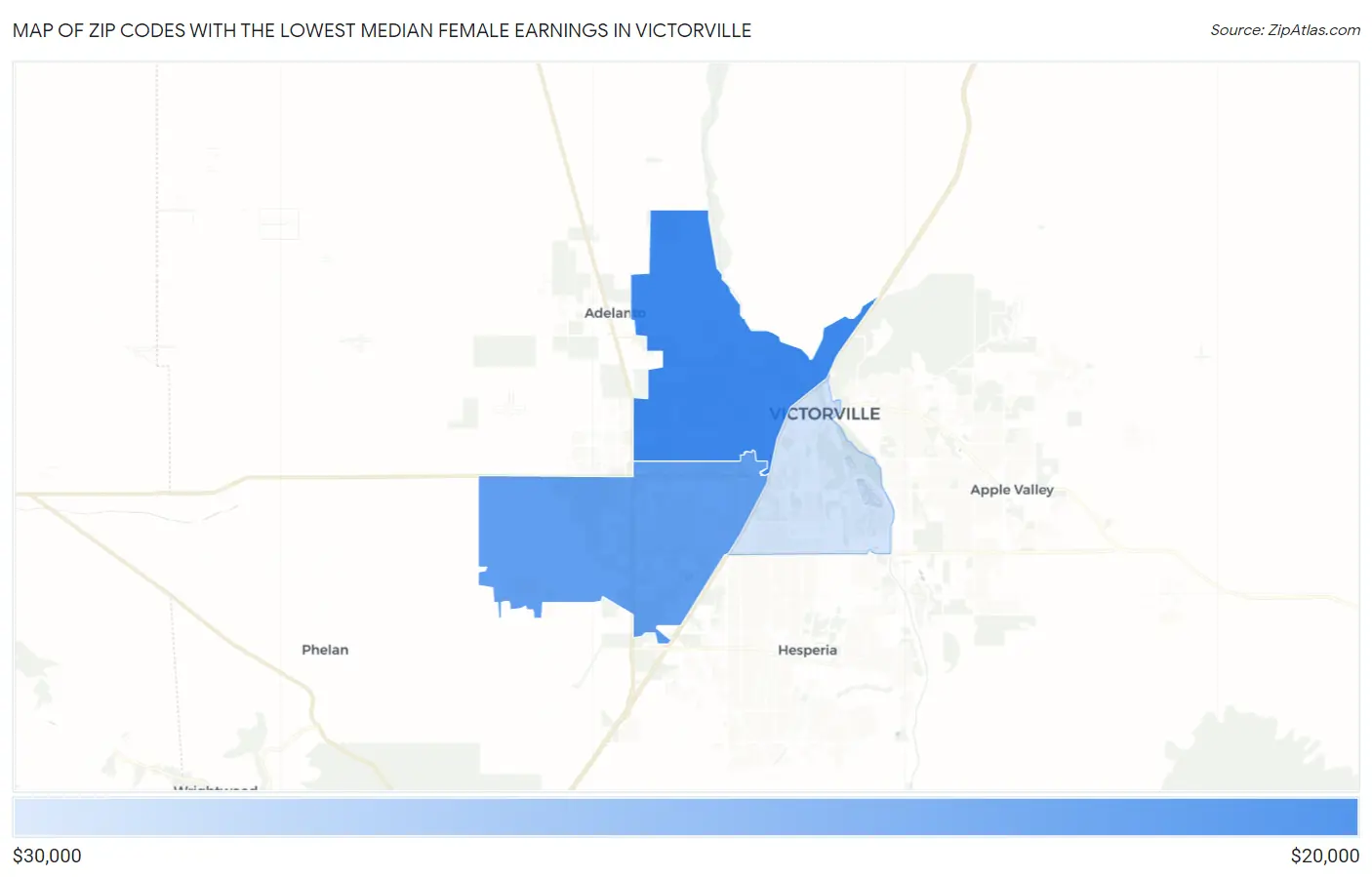 Zip Codes with the Lowest Median Female Earnings in Victorville Map