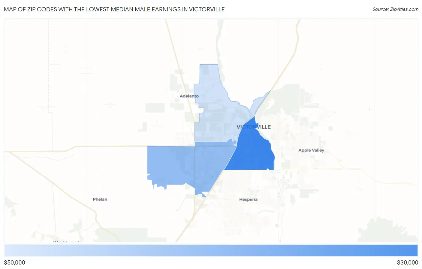 Zip Codes with the Lowest Median Male Earnings in Victorville Map