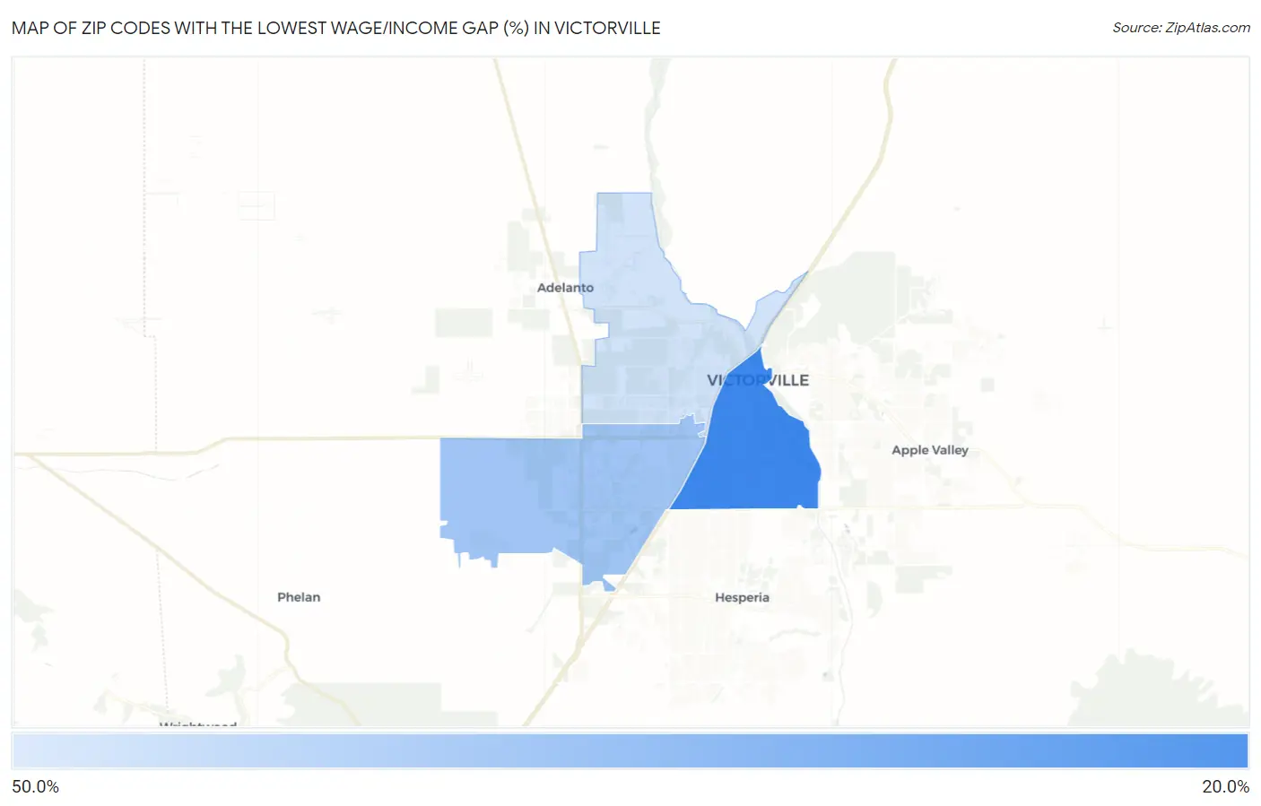 Zip Codes with the Lowest Wage/Income Gap (%) in Victorville Map