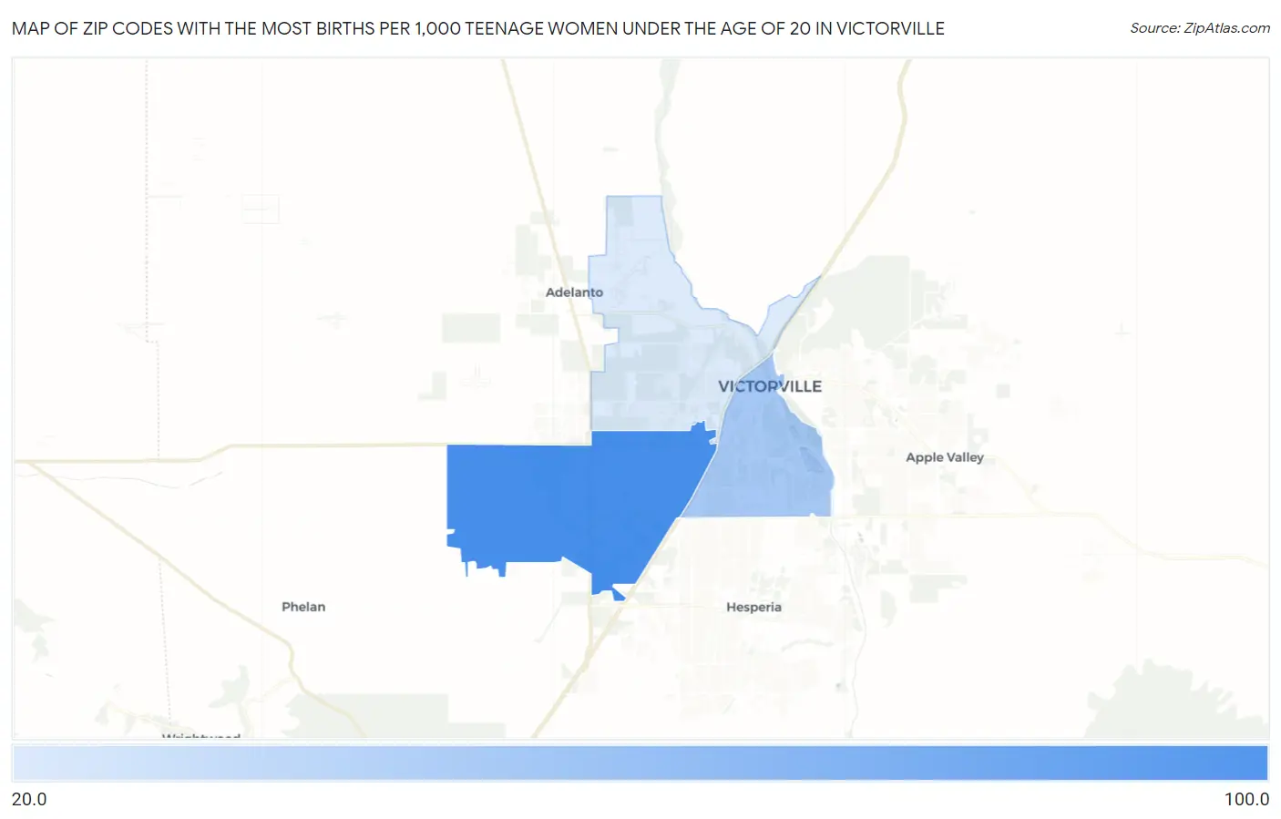 Zip Codes with the Most Births per 1,000 Teenage Women Under the Age of 20 in Victorville Map
