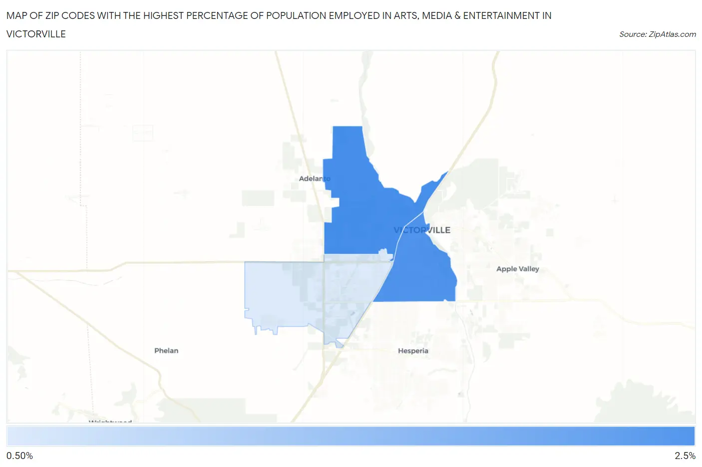 Zip Codes with the Highest Percentage of Population Employed in Arts, Media & Entertainment in Victorville Map