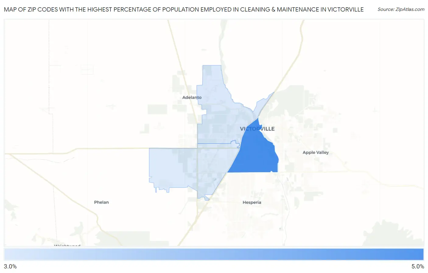 Zip Codes with the Highest Percentage of Population Employed in Cleaning & Maintenance in Victorville Map