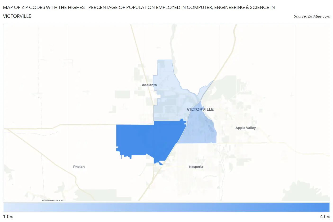 Zip Codes with the Highest Percentage of Population Employed in Computer, Engineering & Science in Victorville Map