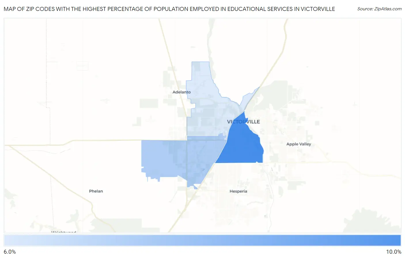 Zip Codes with the Highest Percentage of Population Employed in Educational Services in Victorville Map