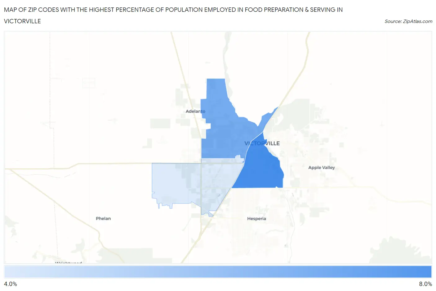 Zip Codes with the Highest Percentage of Population Employed in Food Preparation & Serving in Victorville Map