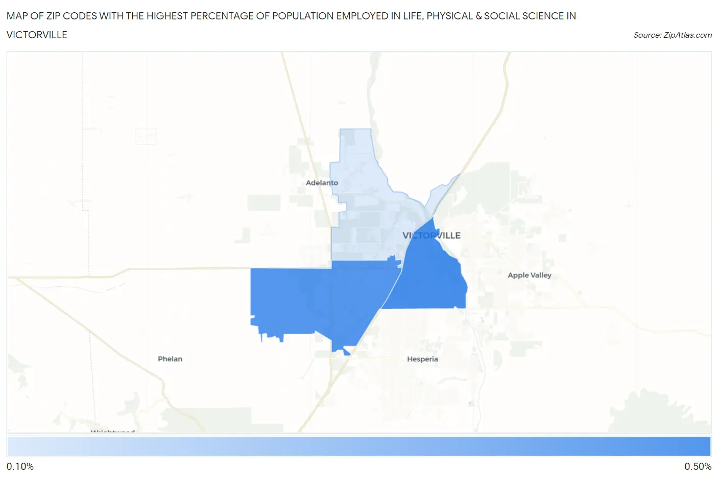 Zip Codes with the Highest Percentage of Population Employed in Life, Physical & Social Science in Victorville Map