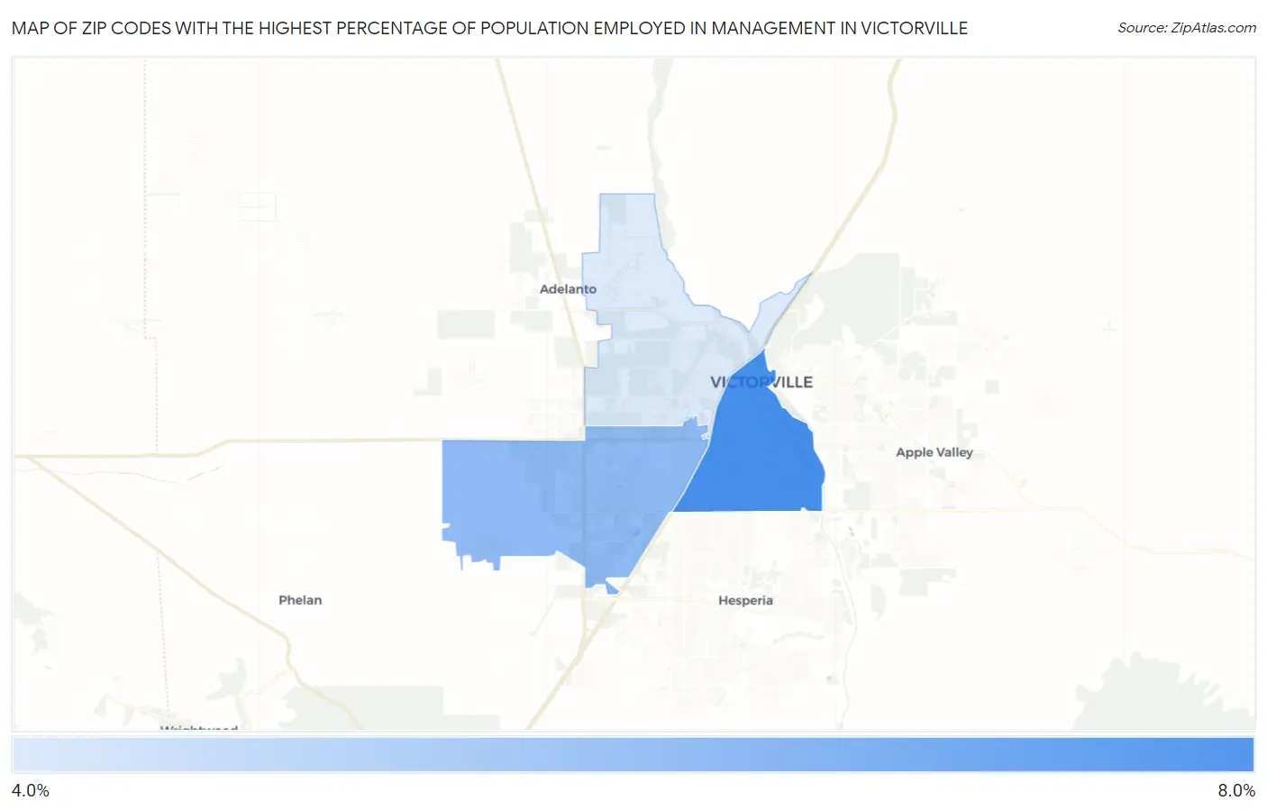 Zip Codes with the Highest Percentage of Population Employed in Management in Victorville Map