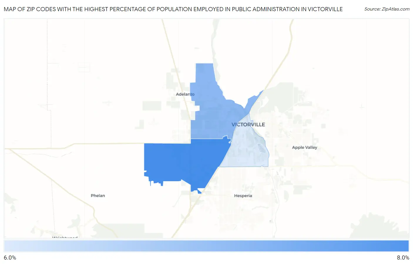 Zip Codes with the Highest Percentage of Population Employed in Public Administration in Victorville Map