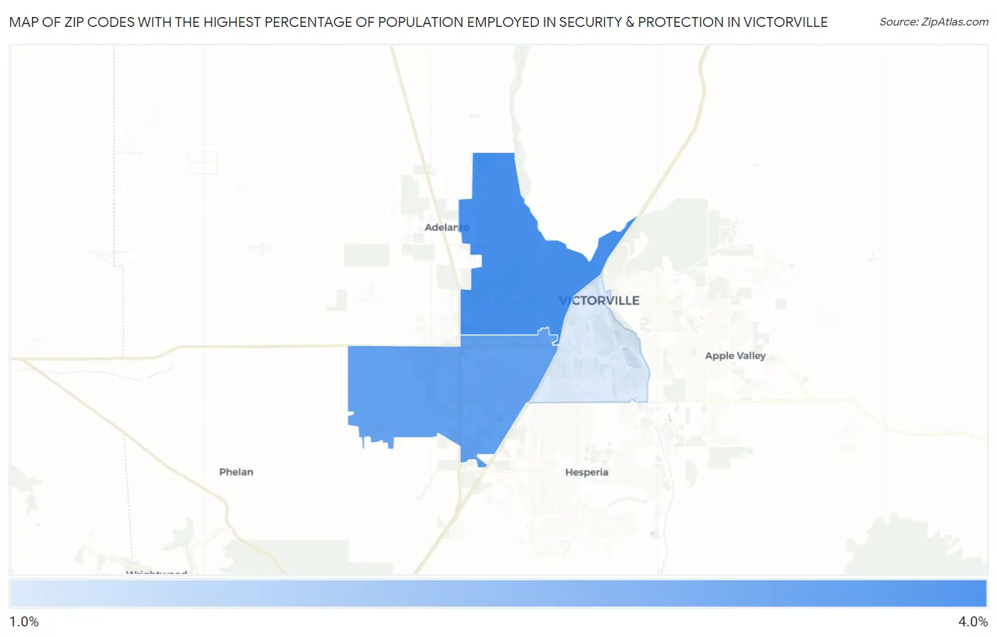 Zip Codes with the Highest Percentage of Population Employed in Security & Protection in Victorville Map