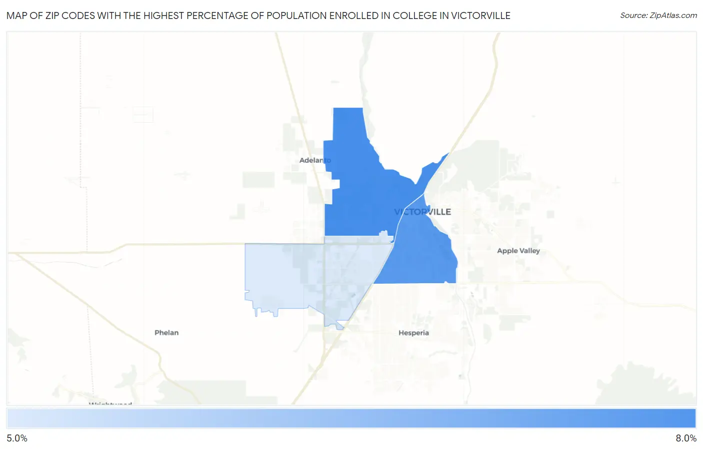 Zip Codes with the Highest Percentage of Population Enrolled in College in Victorville Map