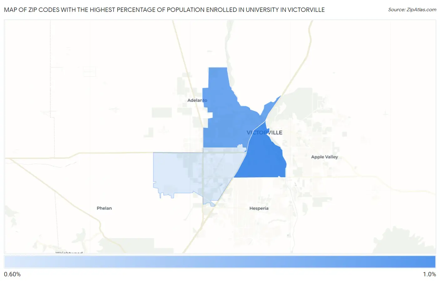 Zip Codes with the Highest Percentage of Population Enrolled in University in Victorville Map