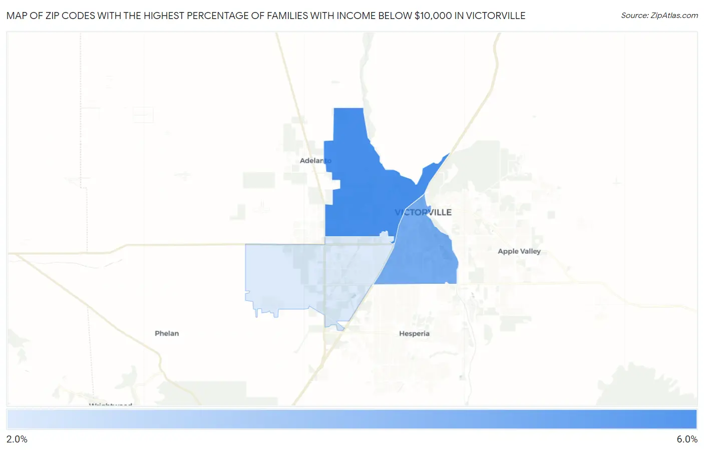 Zip Codes with the Highest Percentage of Families with Income Below $10,000 in Victorville Map