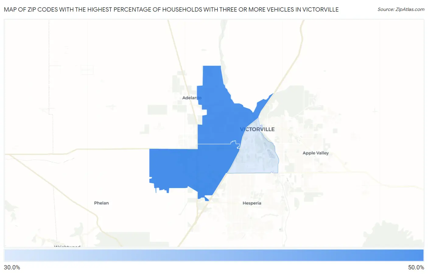Zip Codes with the Highest Percentage of Households With Three or more Vehicles in Victorville Map
