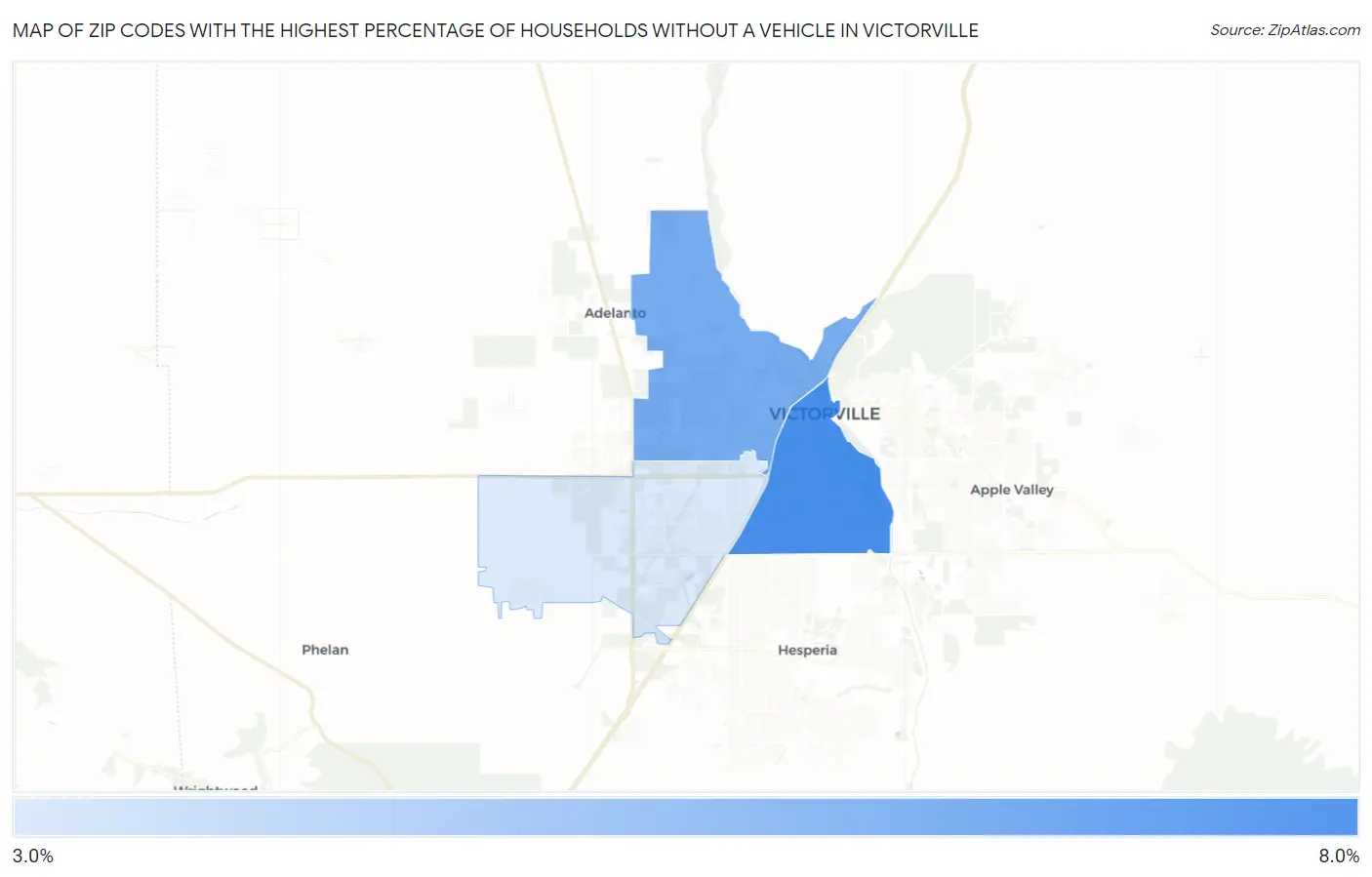 Zip Codes with the Highest Percentage of Households Without a Vehicle in Victorville Map