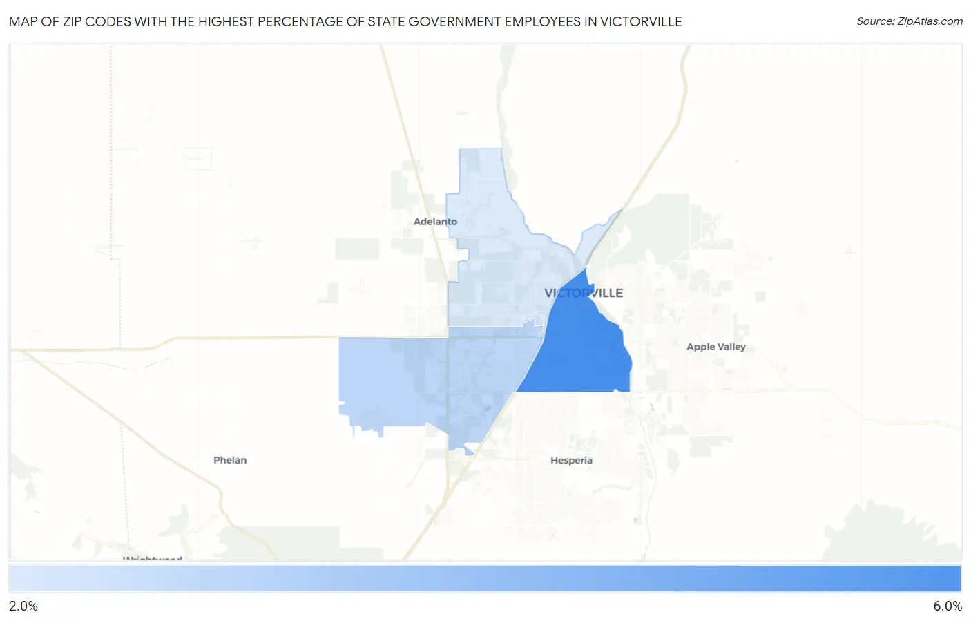 Zip Codes with the Highest Percentage of State Government Employees in Victorville Map