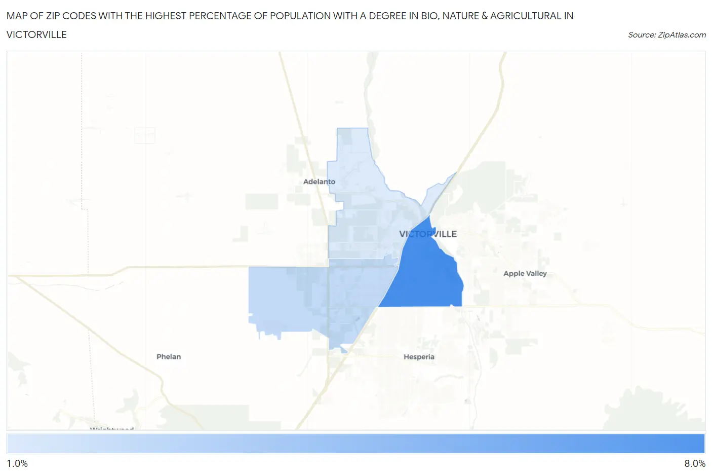 Zip Codes with the Highest Percentage of Population with a Degree in Bio, Nature & Agricultural in Victorville Map
