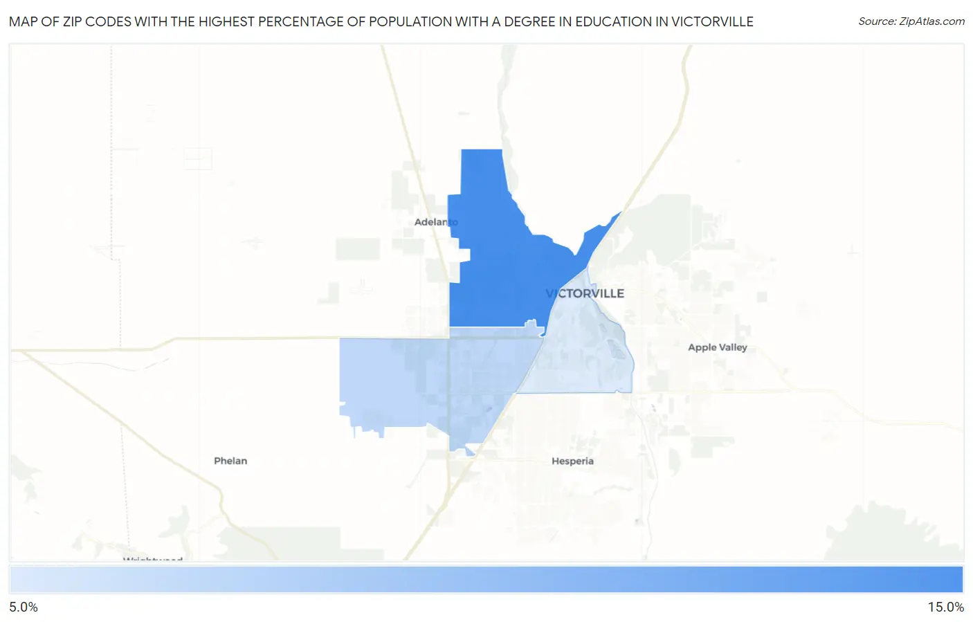 Zip Codes with the Highest Percentage of Population with a Degree in Education in Victorville Map