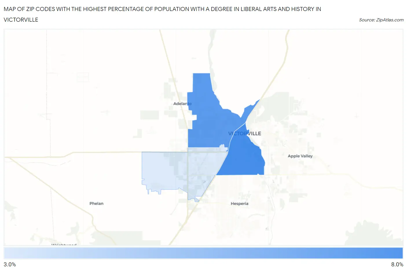 Zip Codes with the Highest Percentage of Population with a Degree in Liberal Arts and History in Victorville Map