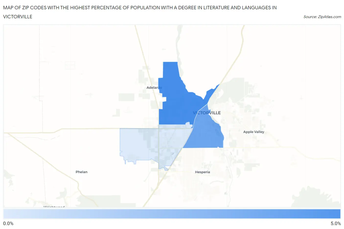 Zip Codes with the Highest Percentage of Population with a Degree in Literature and Languages in Victorville Map