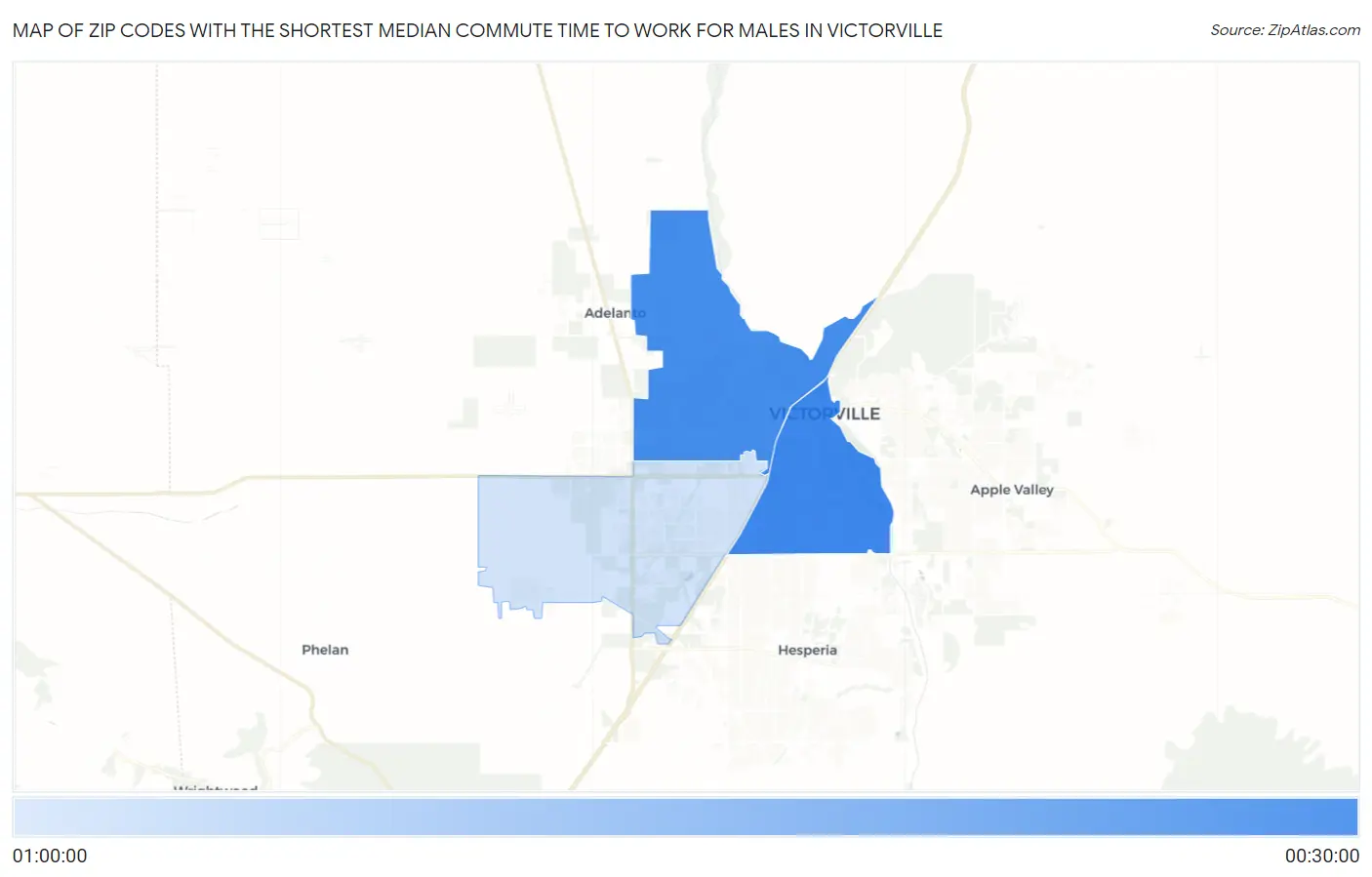 Zip Codes with the Shortest Median Commute Time to Work for Males in Victorville Map
