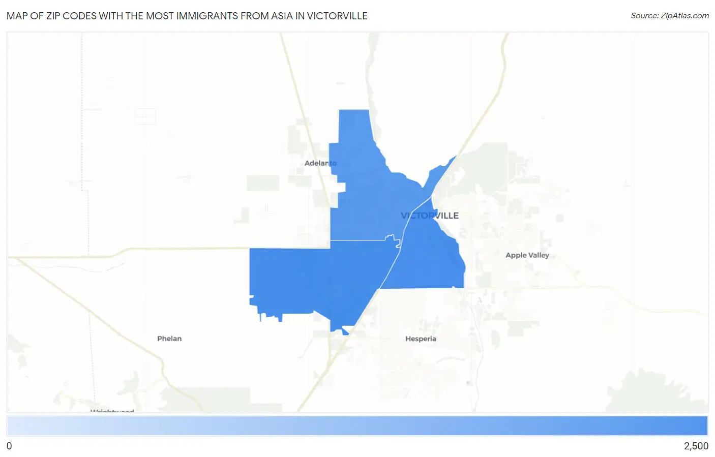 Zip Codes with the Most Immigrants from Asia in Victorville Map
