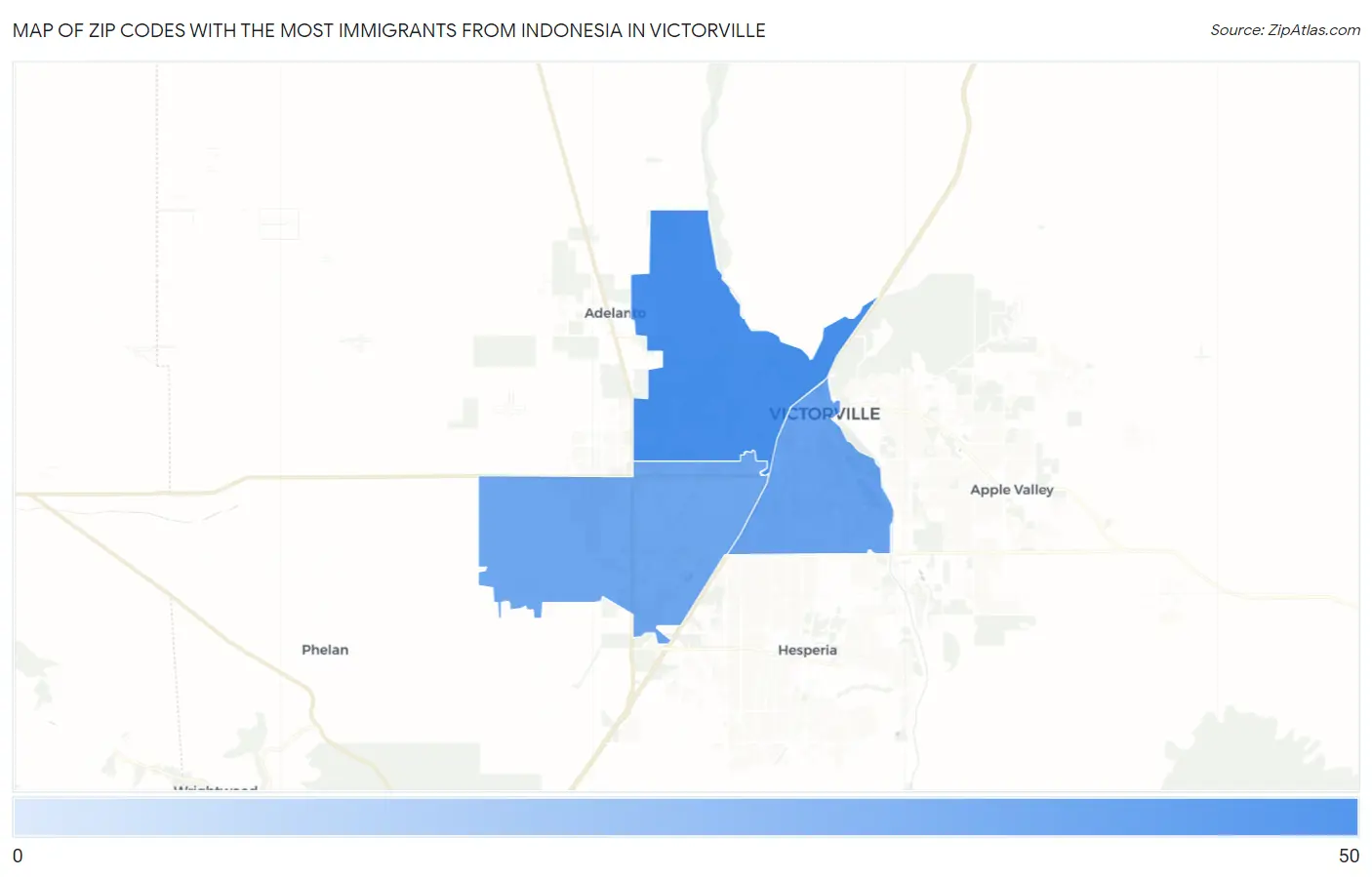 Zip Codes with the Most Immigrants from Indonesia in Victorville Map