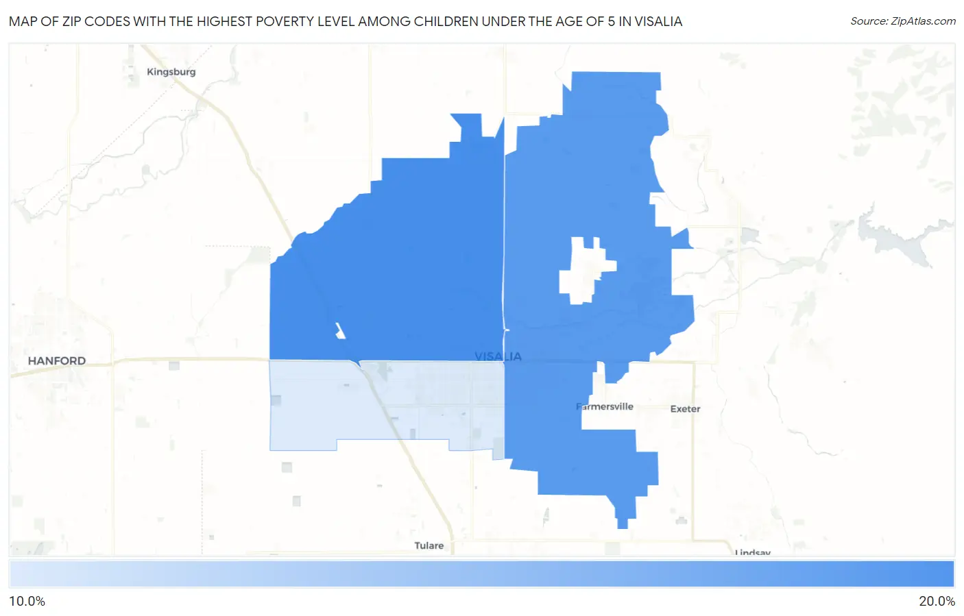 Zip Codes with the Highest Poverty Level Among Children Under the Age of 5 in Visalia Map