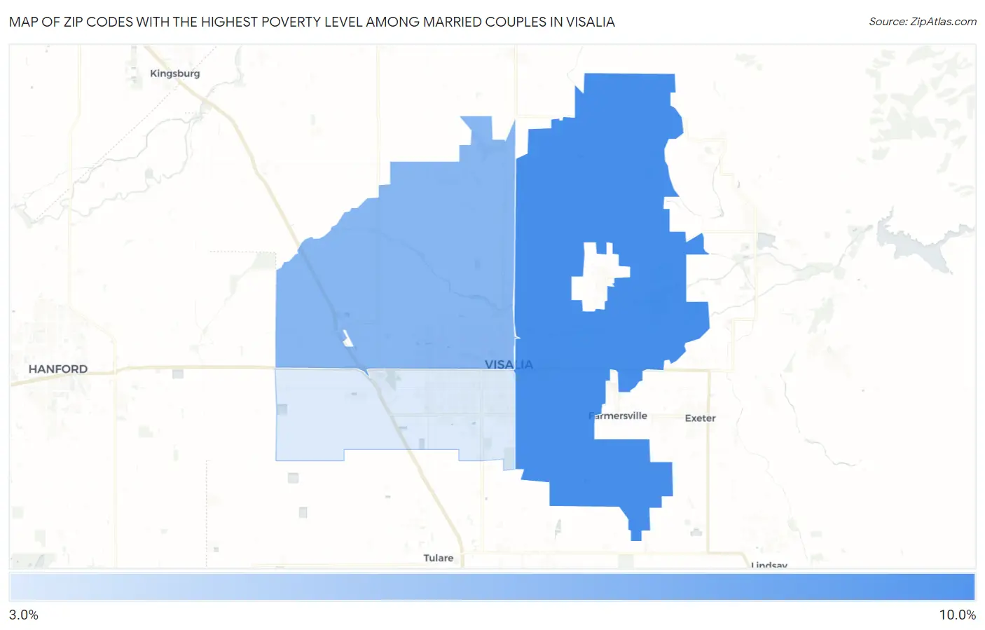 Zip Codes with the Highest Poverty Level Among Married Couples in Visalia Map