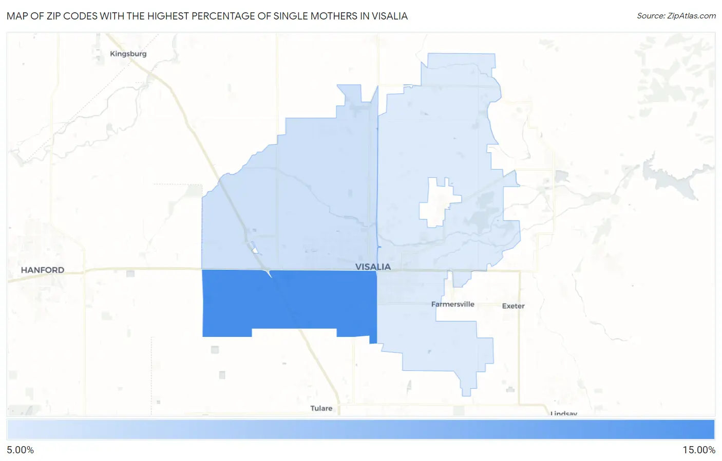 Zip Codes with the Highest Percentage of Single Mothers in Visalia Map