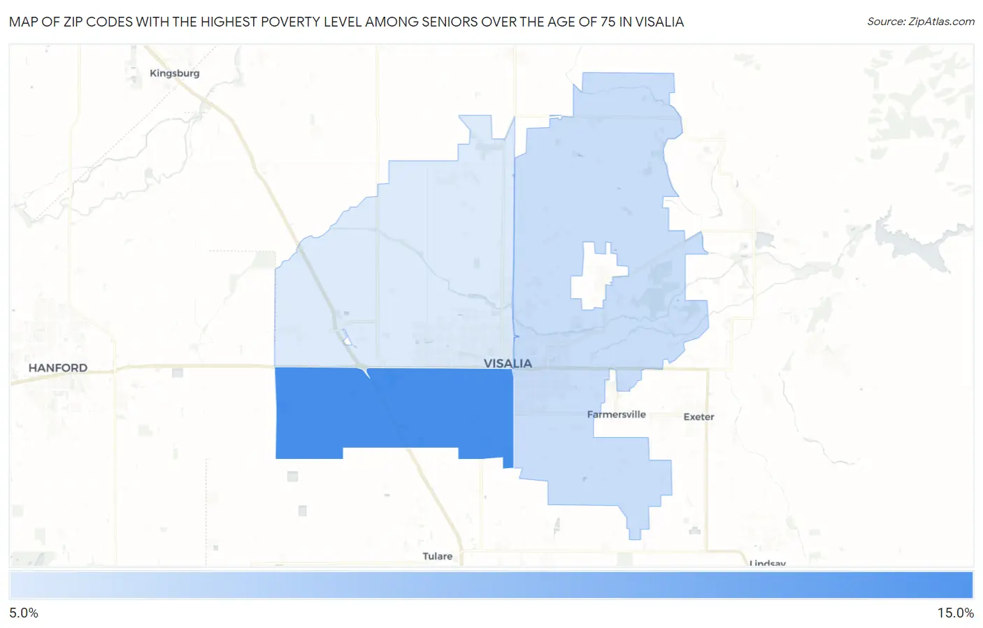 Zip Codes with the Highest Poverty Level Among Seniors Over the Age of 75 in Visalia Map