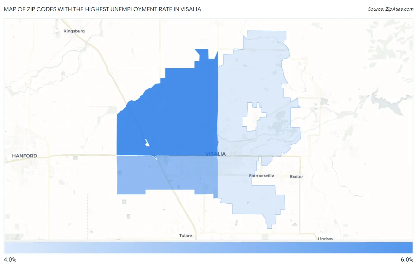 Zip Codes with the Highest Unemployment Rate in Visalia Map