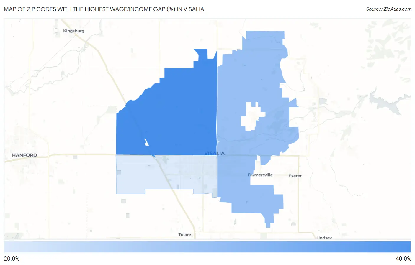 Zip Codes with the Highest Wage/Income Gap (%) in Visalia Map