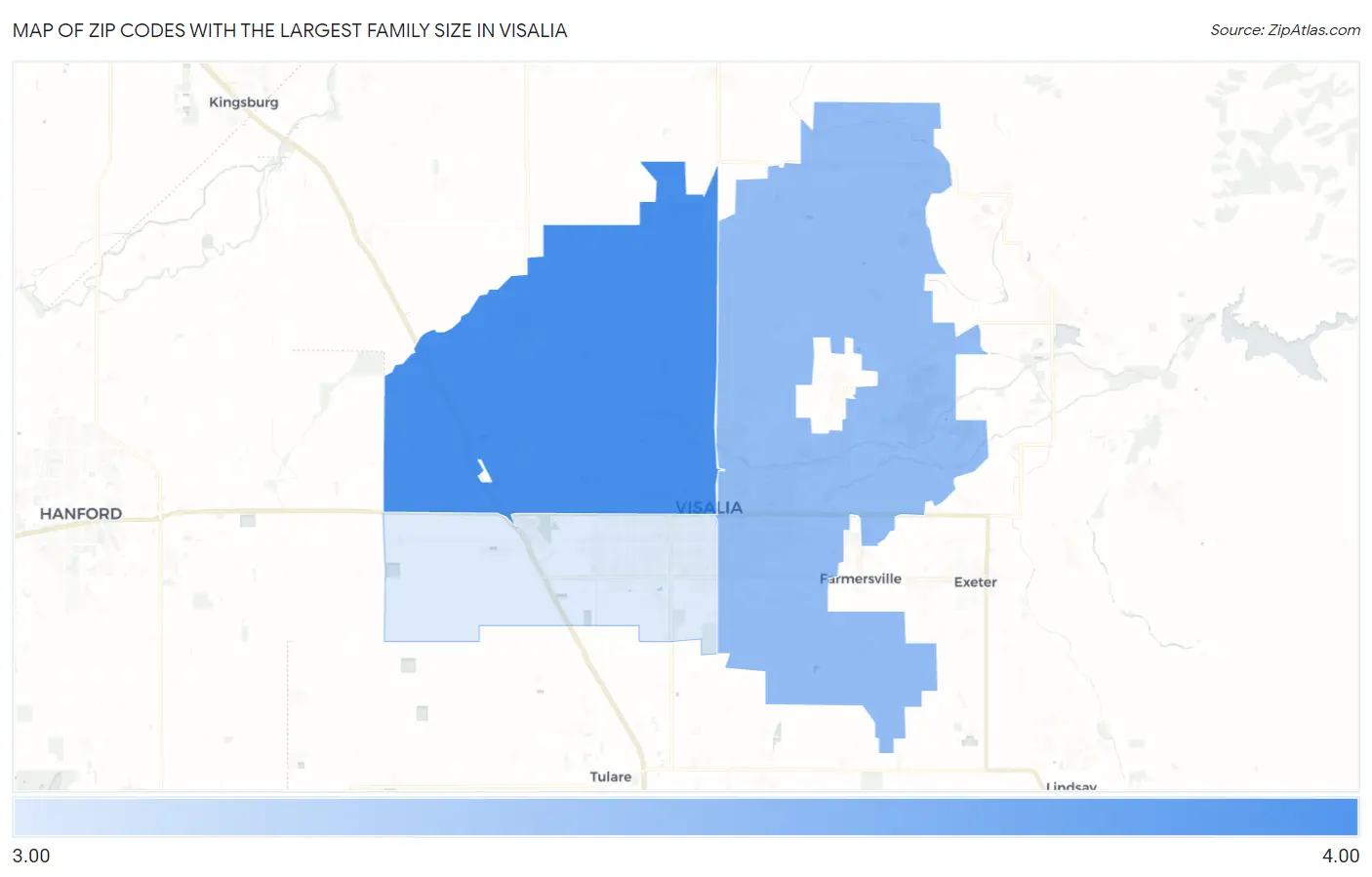 Zip Codes with the Largest Family Size in Visalia Map