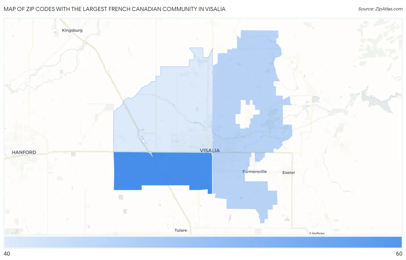Zip Codes with the Largest French Canadian Community in Visalia Map