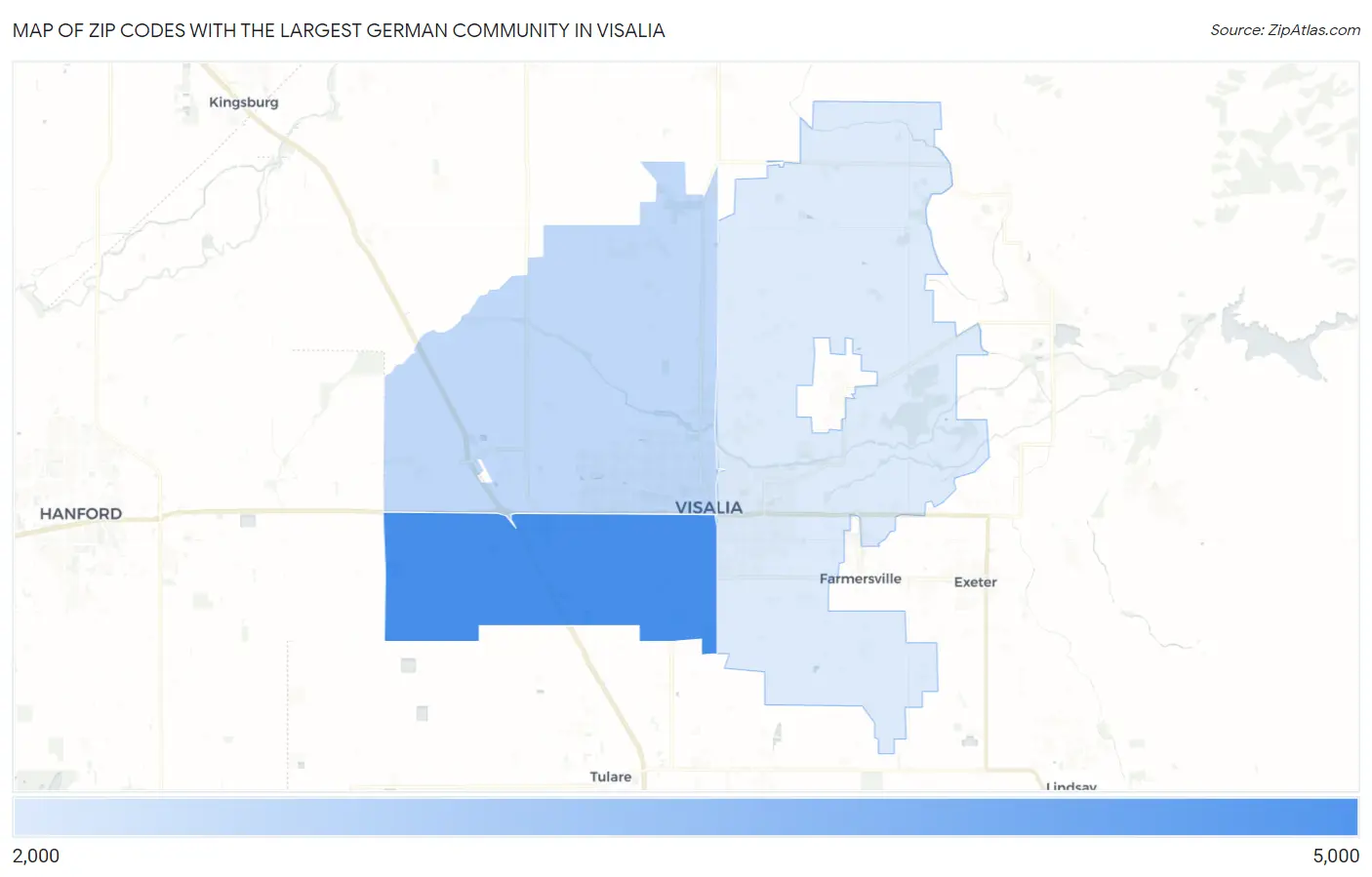 Zip Codes with the Largest German Community in Visalia Map