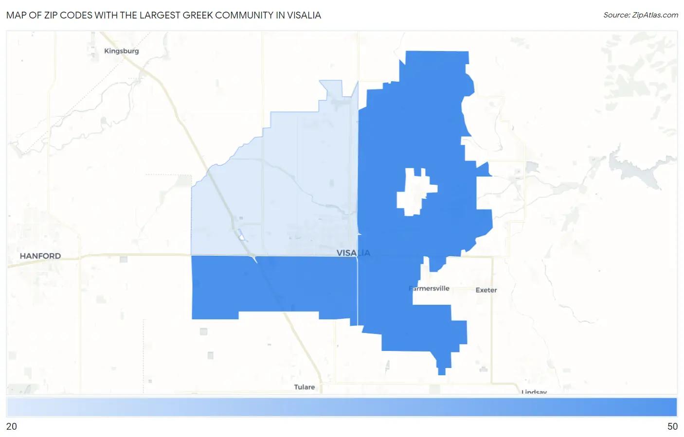 Zip Codes with the Largest Greek Community in Visalia Map
