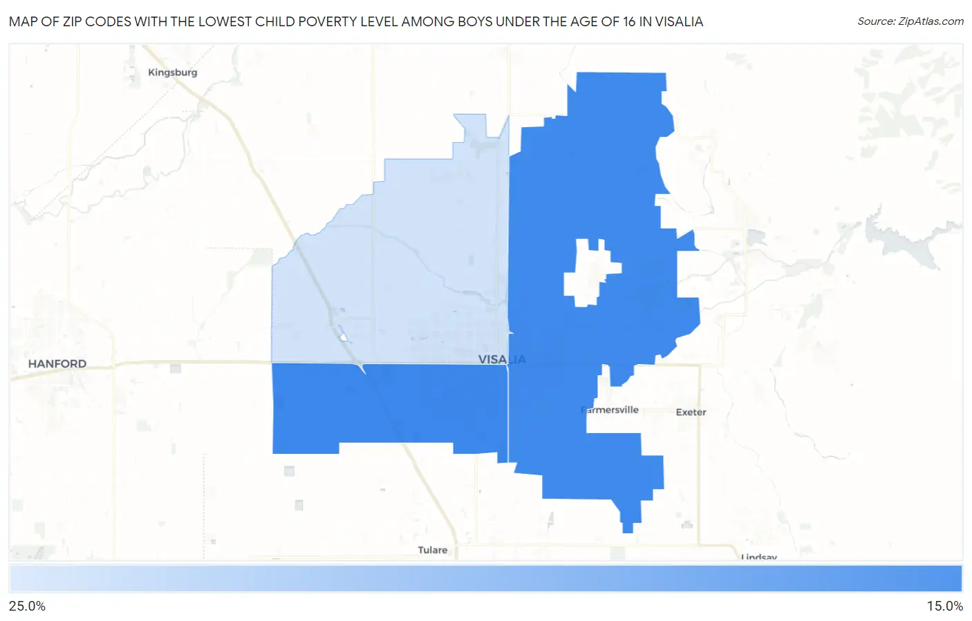 Zip Codes with the Lowest Child Poverty Level Among Boys Under the Age of 16 in Visalia Map
