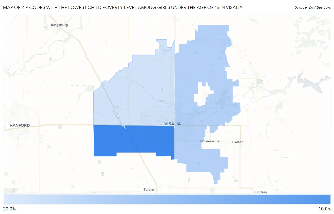 Zip Codes with the Lowest Child Poverty Level Among Girls Under the Age of 16 in Visalia Map