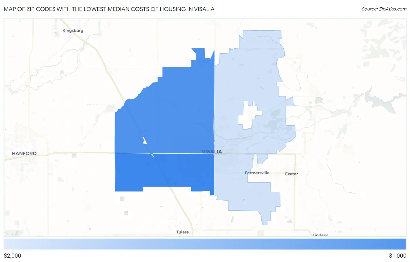 Zip Codes with the Lowest Median Costs of Housing in Visalia Map