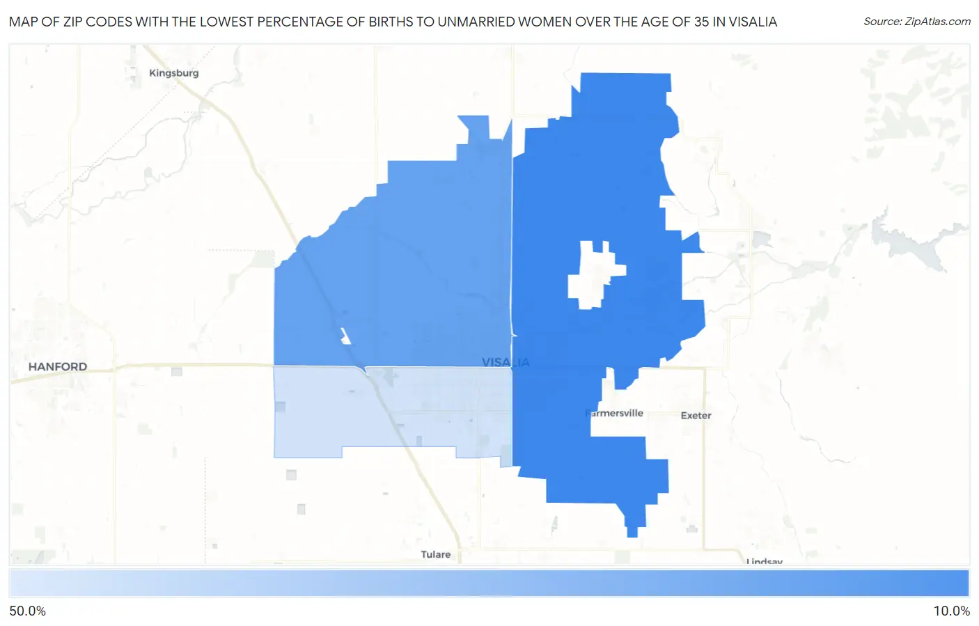 Zip Codes with the Lowest Percentage of Births to Unmarried Women over the Age of 35 in Visalia Map