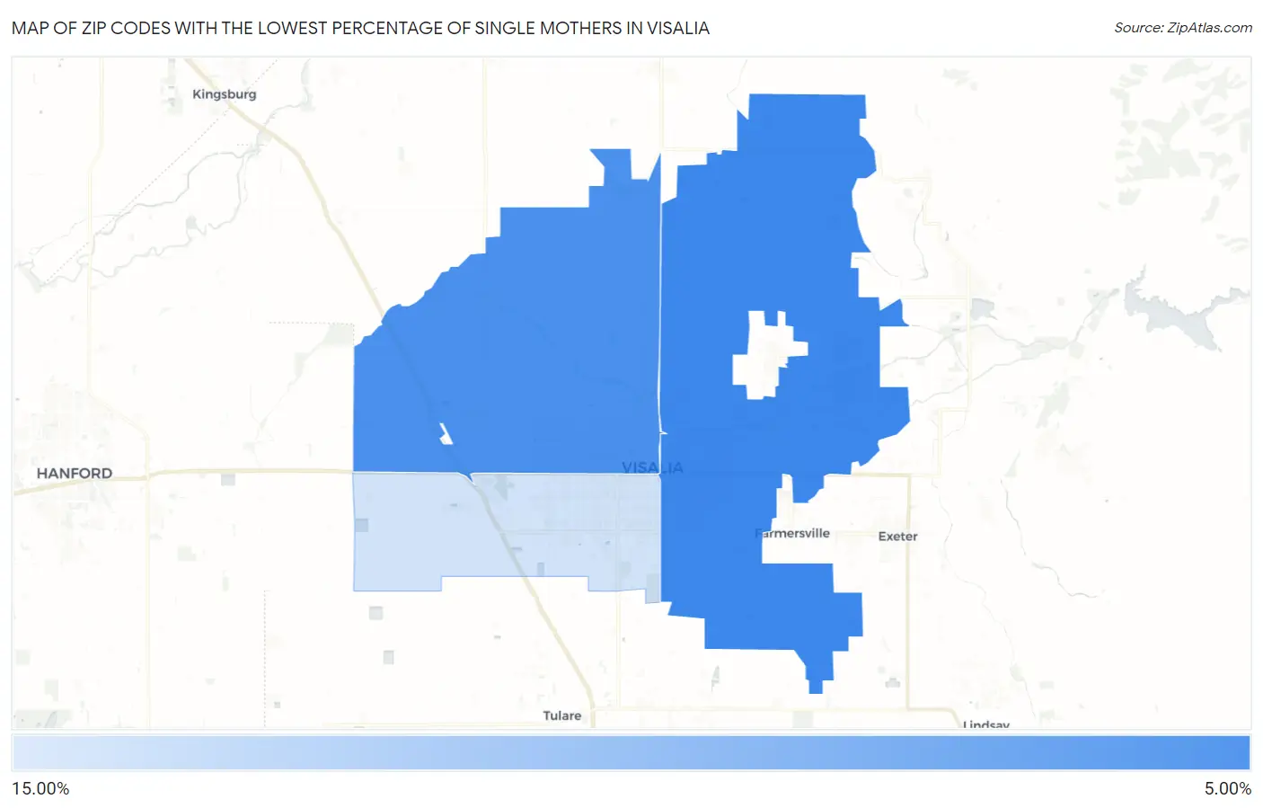 Zip Codes with the Lowest Percentage of Single Mothers in Visalia Map