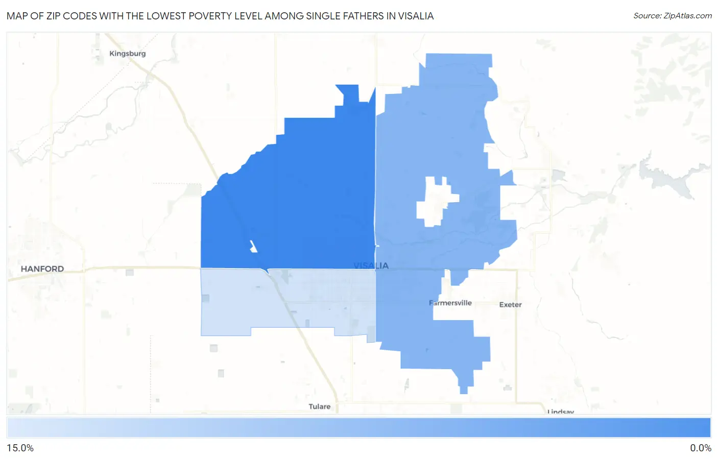Zip Codes with the Lowest Poverty Level Among Single Fathers in Visalia Map
