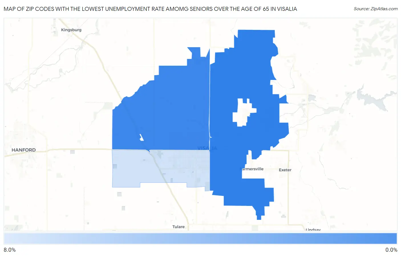 Zip Codes with the Lowest Unemployment Rate Amomg Seniors Over the Age of 65 in Visalia Map