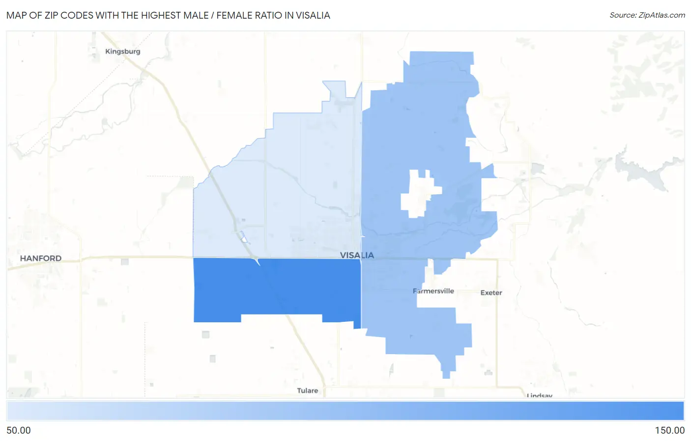 Zip Codes with the Highest Male / Female Ratio in Visalia Map