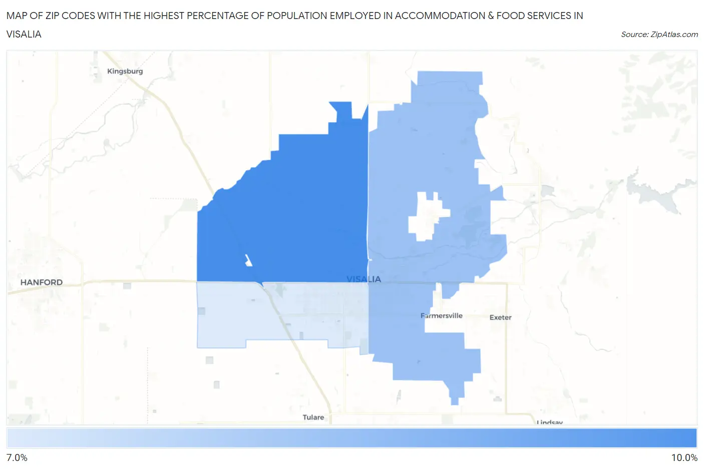 Zip Codes with the Highest Percentage of Population Employed in Accommodation & Food Services in Visalia Map