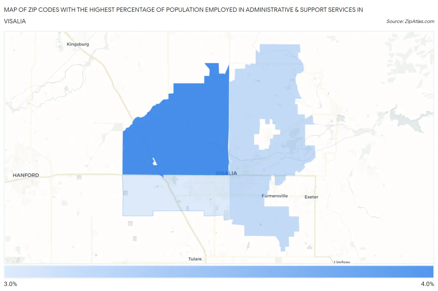 Zip Codes with the Highest Percentage of Population Employed in Administrative & Support Services in Visalia Map