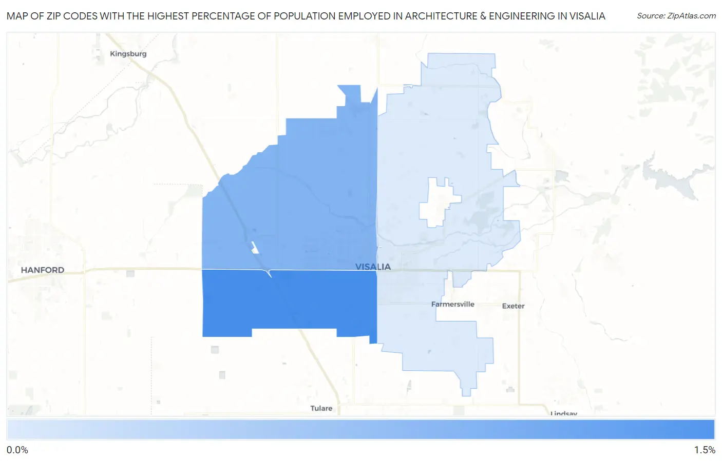 Zip Codes with the Highest Percentage of Population Employed in Architecture & Engineering in Visalia Map
