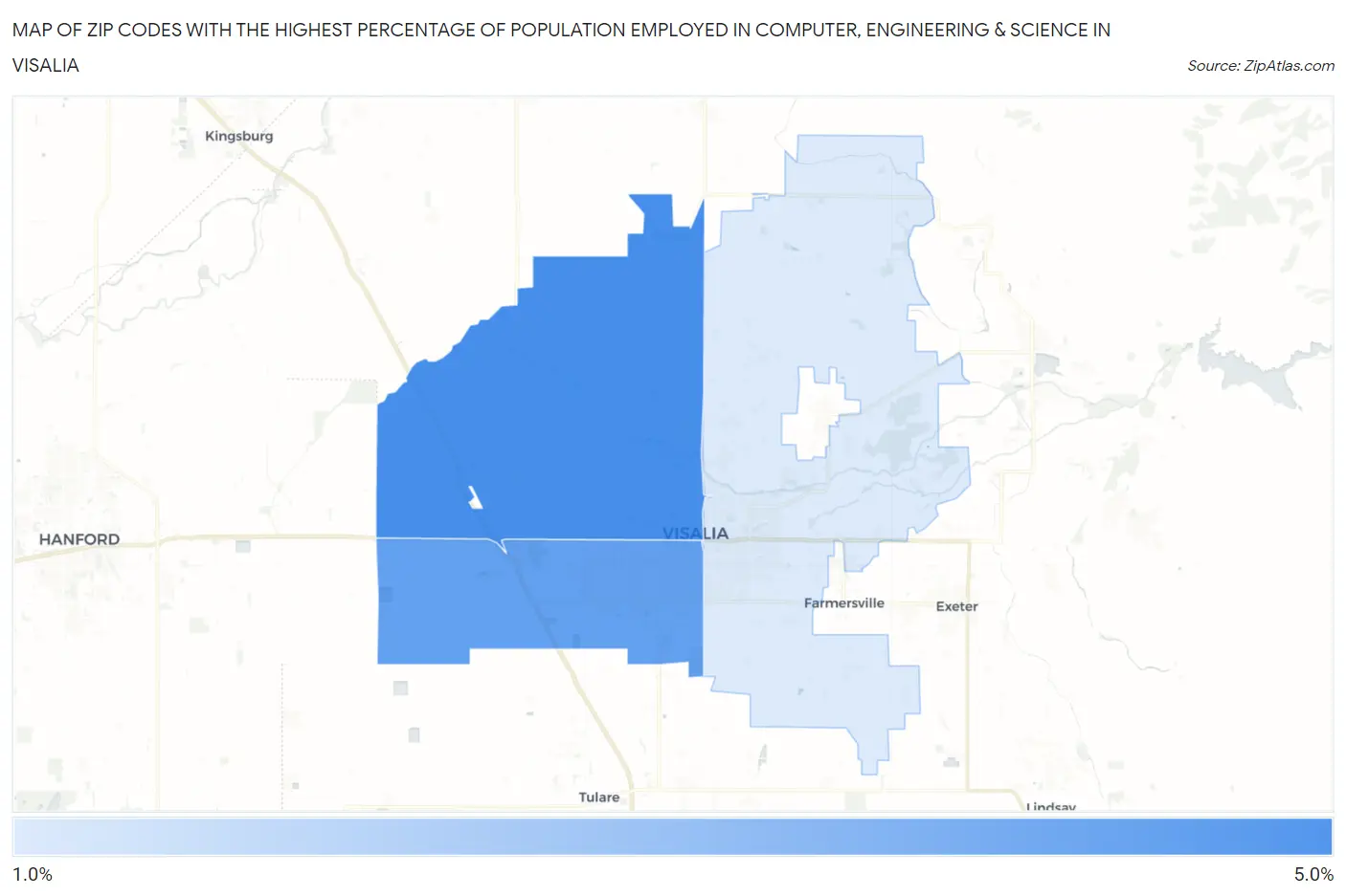 Zip Codes with the Highest Percentage of Population Employed in Computer, Engineering & Science in Visalia Map