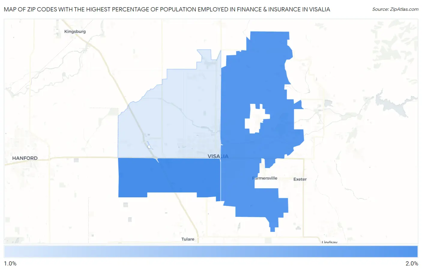 Zip Codes with the Highest Percentage of Population Employed in Finance & Insurance in Visalia Map