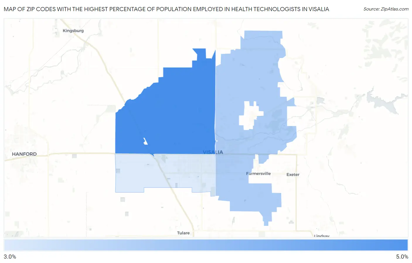 Zip Codes with the Highest Percentage of Population Employed in Health Technologists in Visalia Map